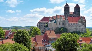 Der Blick vom Münzberg auf Dom und Schloss Quedlinburg.