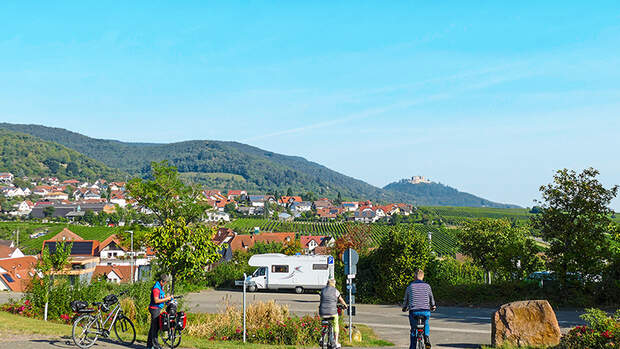 Links der Ort, geradeaus die Weinberge und das Hambacher Schloss