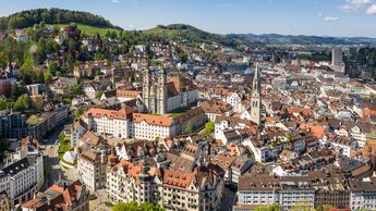 Stunning view of the Saint Gallen old town with its famous monastery and  catholic catheral in Switzerland