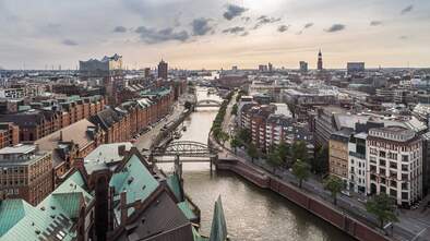 Hamburg Speicherstadt and Hafencity aerial view